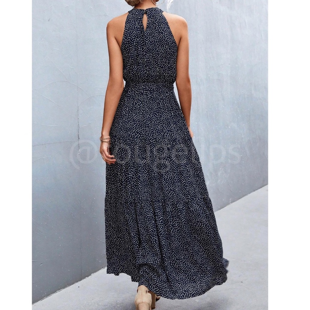 Navy Blue Polka Dot Halter Maxi Dress Tie Belt Long Flared High Neck Sleeveless - Picture 3 of 10